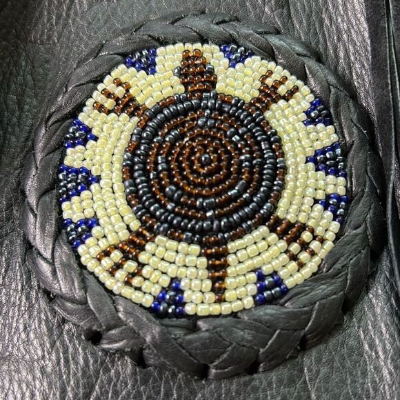 Vtg Tribal America Beads & Fringe Native black leather biker vest XXL - Picture 10 of 10